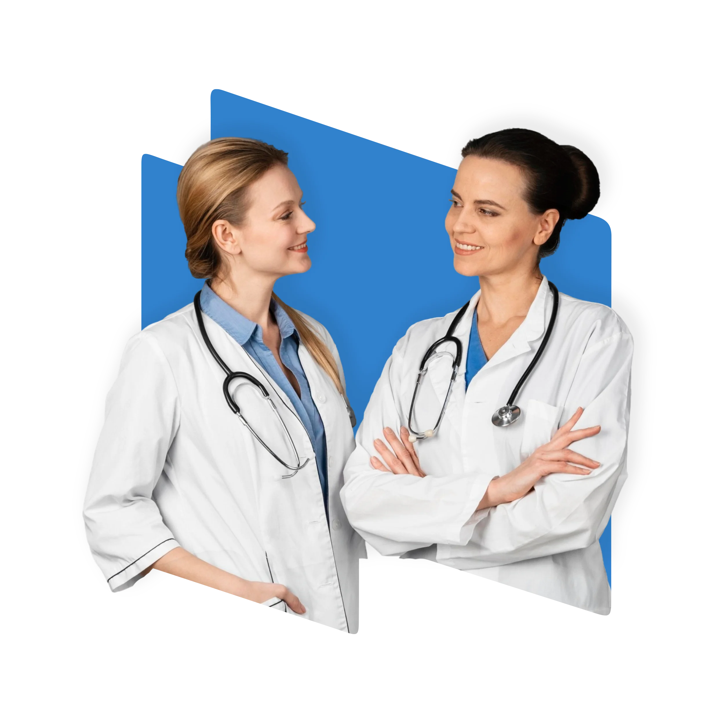 two female doctors wearing white goun and talking about this month they got significant increase in revenue by outsourcing theri medical billing and they were free to dela with clints and cure them.