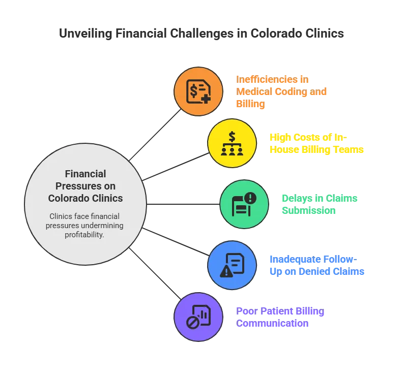 Infographic titled "Unveiling Financial Challenges in Colorado Clinics" highlighting key issues: inefficiencies in medical coding and billing, high costs of in-house billing teams, delays in claims submission, inadequate follow-up on denied claims, and poor patient billing communication. The central theme focuses on financial pressures impacting the profitability of clinics in Colorado.