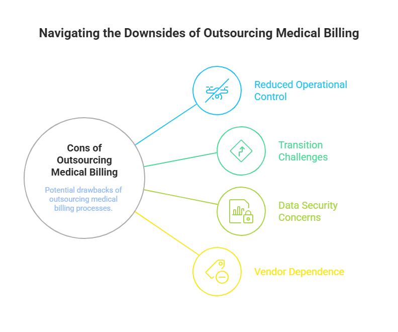 Infographic titled 'Navigating the Downsides of Outsourcing Medical Billing' highlighting the potential drawbacks of outsourcing medical billing processes. The chart uses a central node labeled 'Cons of Outsourcing Medical Billing' to outline key challenges: Reduced Operational Control (loss of direct oversight over billing operations), Transition Challenges (difficulties in shifting from in-house to outsourced systems), Data Security Concerns (risks associated with handling sensitive patient and financial data), and Vendor Dependence (reliance on third-party providers for critical billing functions). This visual emphasizes the need for careful consideration of these downsides when evaluating the feasibility of outsourcing medical billing services.