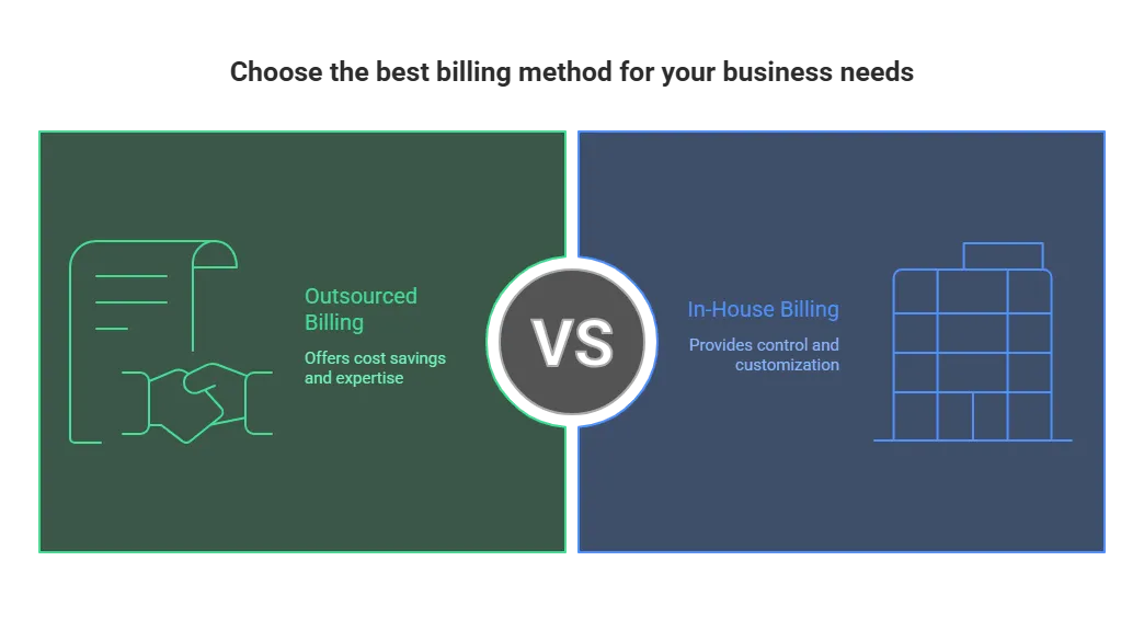 Comparison chart titled 'Choose the best billing method for your business needs' highlighting the differences between Outsourced Billing (offers cost savings and expertise) and In-House Billing (provides control and customization). The chart uses a visual split to illustrate the key advantages of each approach, helping businesses decide which billing method aligns best with their needs.