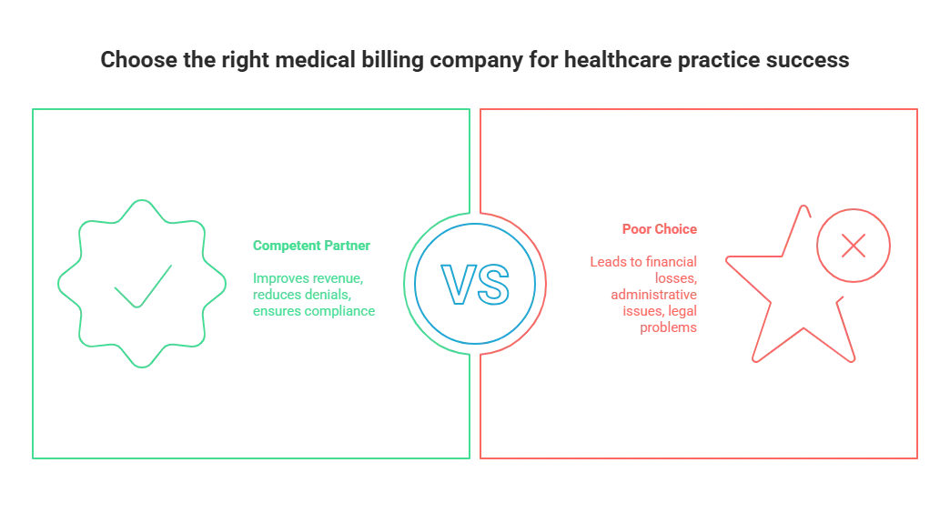 Infographic titled 'Choose the right medical billing company for healthcare practice success' comparing the outcomes of selecting a competent partner versus a poor choice. The chart uses a split design with contrasting colors to highlight the differences: A competent partner (represented by a green star) improves revenue, reduces claim denials, and ensures compliance, leading to positive outcomes for the healthcare practice. In contrast, a poor choice (represented by a red star with a cross) leads to financial losses, administrative issues, and legal problems, negatively impacting the practice. This visual emphasizes the critical importance of choosing the right medical billing company to achieve success in healthcare operations.