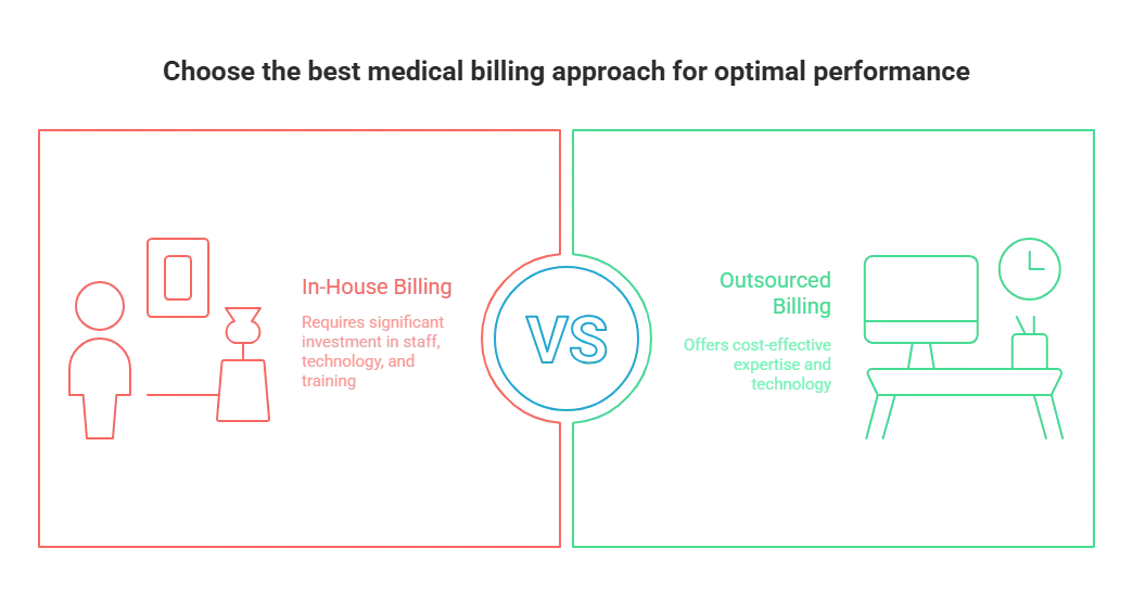 Infographic titled 'Choose the best medical billing approach for optimal performance' comparing the pros and cons of In-House Billing versus Outsourced Billing. The chart uses a split design to highlight key differences: In-House Billing (represented by a red section with an icon of a person and computer) requires significant investment in staff, technology, and training, which can be resource-intensive. On the other hand, Outsourced Billing (represented by a green section with an icon of a computer and clock) offers cost-effective expertise and technology, providing flexibility and efficiency without the need for large upfront investments. This visual comparison helps healthcare providers evaluate which billing approach aligns best with their operational needs and budget constraints.