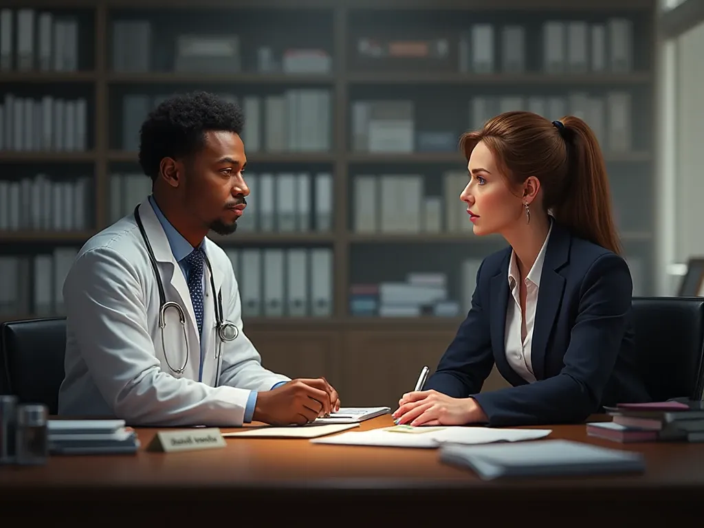 A dedicated medical billing expert for small practices and a focused physician collaboratively review patient financial documents and insurance EOBs (Explanation of Benefits) in a modern medical office, strategizing to optimize the practice's revenue cycle, reduce claim denials, and improve overall cash flow.