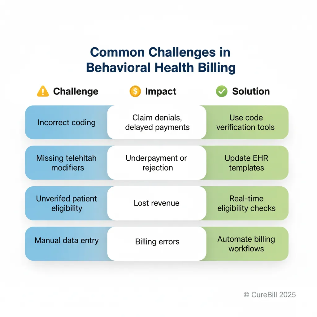 Overcome common behavioral health billing challenges like incorrect coding, missing telehealth modifiers, unverified patient eligibility, and manual data entry with CureBill's 2025 solutions we provide code verification tools, updated EHR templates, real-time eligibility checks, and automated workflows to reduce claim denials, prevent lost revenue, and accelerate your payments.