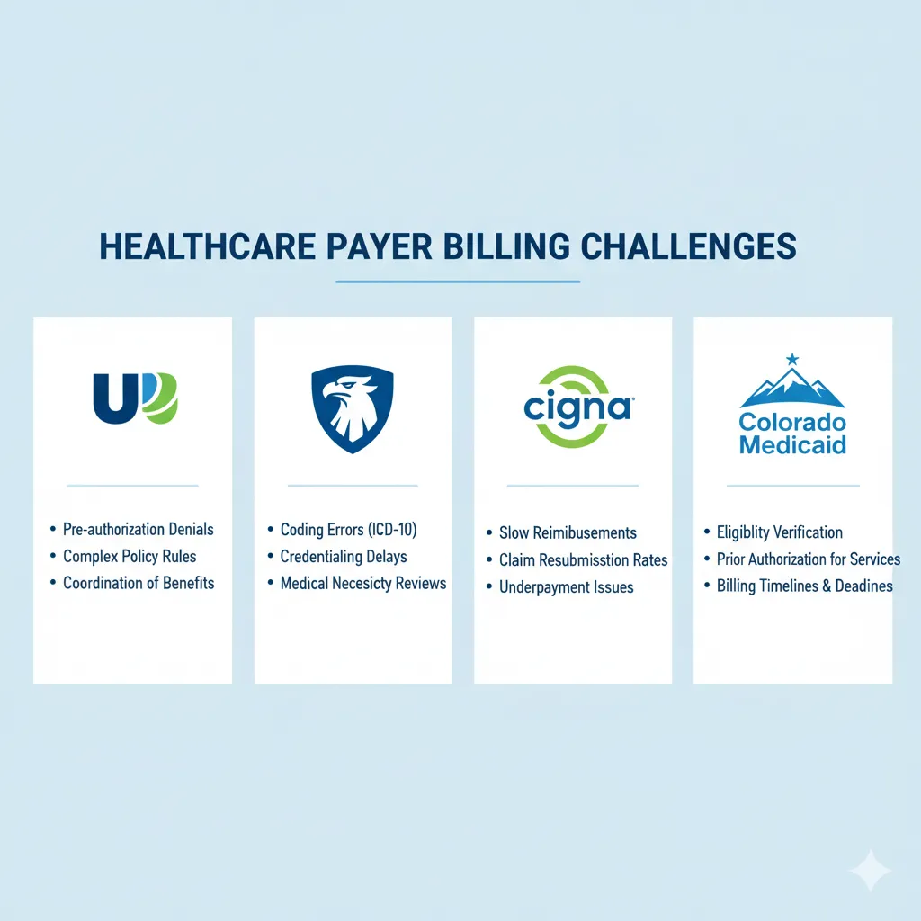 An infographic listing common healthcare payer billing challenges, including pre-authorization denials, coding errors, slow reimbursements, and prior authorization issues for medical practices.