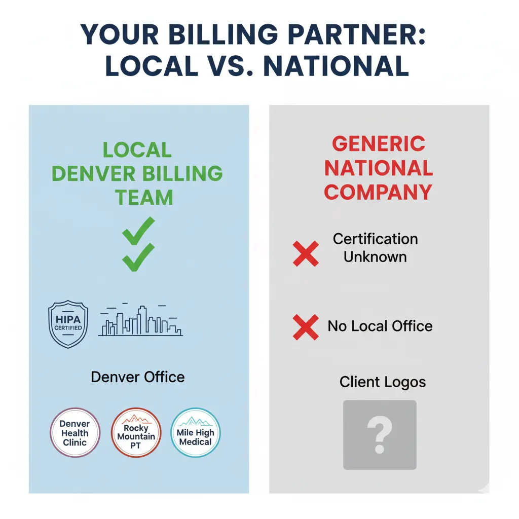 A comparative guide for choosing a medical billing partner in Denver, contrasting local Denver billing companies against generic national firms. Key transactional decision factors include having a locally-based team with a Denver office versus an unknown, non-local team; guaranteed HIPAA certification and compliance; and proven commercial success with local healthcare clients like Denver Health, Rocky Mountain Clinic, and Mile High PT, ensuring specialized regional expertise for maximizing revenue and claim approvals.