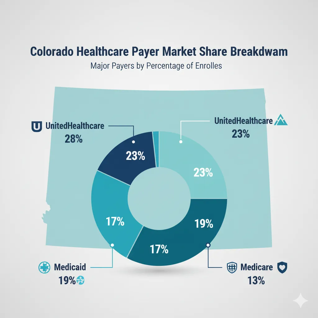 A 2025 Colorado healthcare market share breakdown pie chart illustrating the distribution of key insurance payers, showing UnitedHealthcare at 23% and Colorado Medicaid at 19% of enrolled members, providing essential data on payer mix, coverage statistics, and the competitive landscape for medical providers, health systems, and clinics conducting market analysis and financial planning.