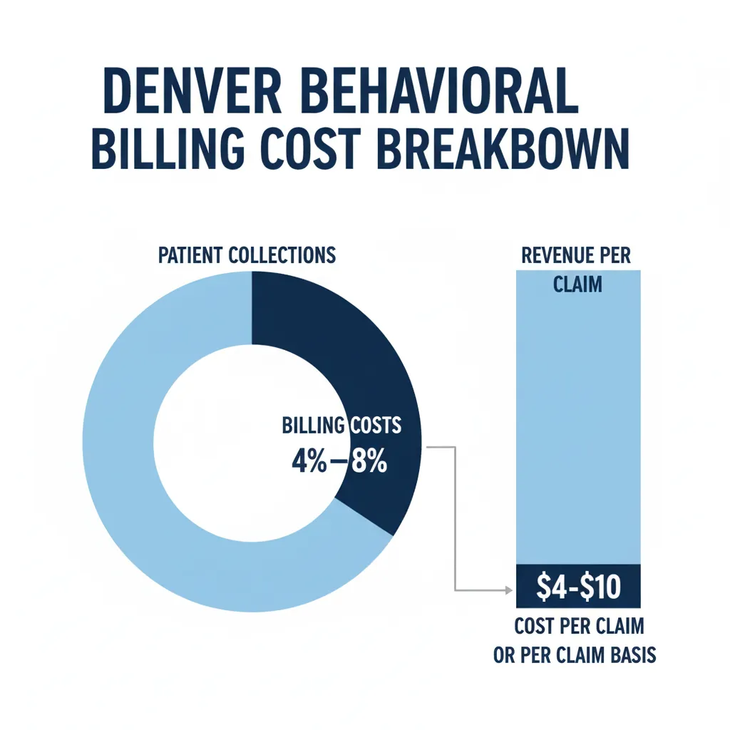 An infographic from Denver Behavioral showing the average cost of behavioral health billing, which is typically 4% to 8% of patient collections revenue, equating to a cost per claim range of four to ten dollars for managing mental health billing on a per-claim basis.