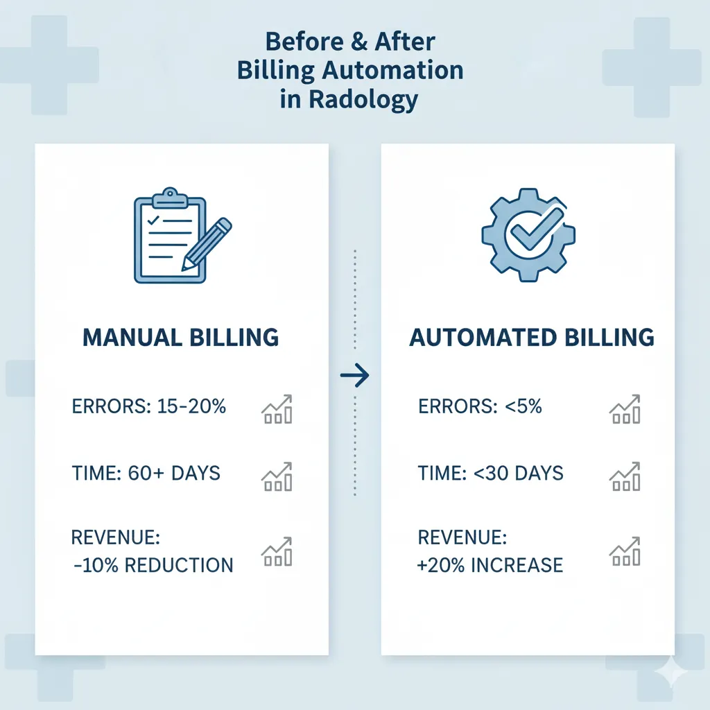 Discover the power of revenue cycle management automation for your radiology lab with our billing services, transforming your process from manual billing with 15-20% errors and 60-day payment cycles to automated billing with under 5% errors, sub-30-day payment timelines, and a 20% increase in revenue—modernize your lab's financial performance today.