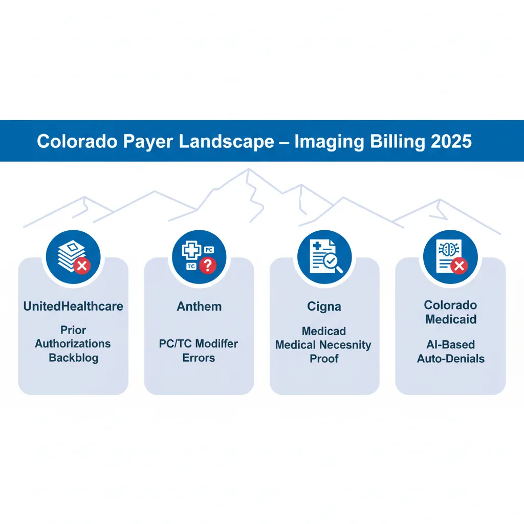 Navigate the 2025 Colorado payer landscape for imaging billing with our expert services; we overcome UnitedHealthcare prior authorization backlogs, resolve Anthem PC/TC modifier errors, address Cigna medical necessity proof requirements, and successfully appeal Colorado Medicaid's AI-based auto-denials to secure your revenue.
