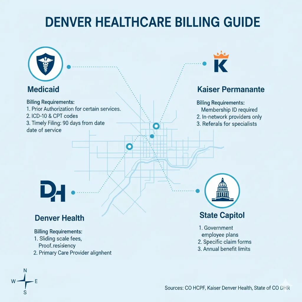 Denver Healthcare Billing Guide outlining commercial and transactional requirements for major providers. The chart details specific billing procedures, including prior authorization requests, CPT and ICD-10 code submission, timely filing within 90 days, membership ID verification, in-network provider rules, specialist referrals, sliding scale fee applications, proof of residency, government plan claim forms, and annual benefit limits for Medicaid, Kaiser Permanente, Denver Health, and State Capitol insurance plans to ensure successful claim processing and payment.
