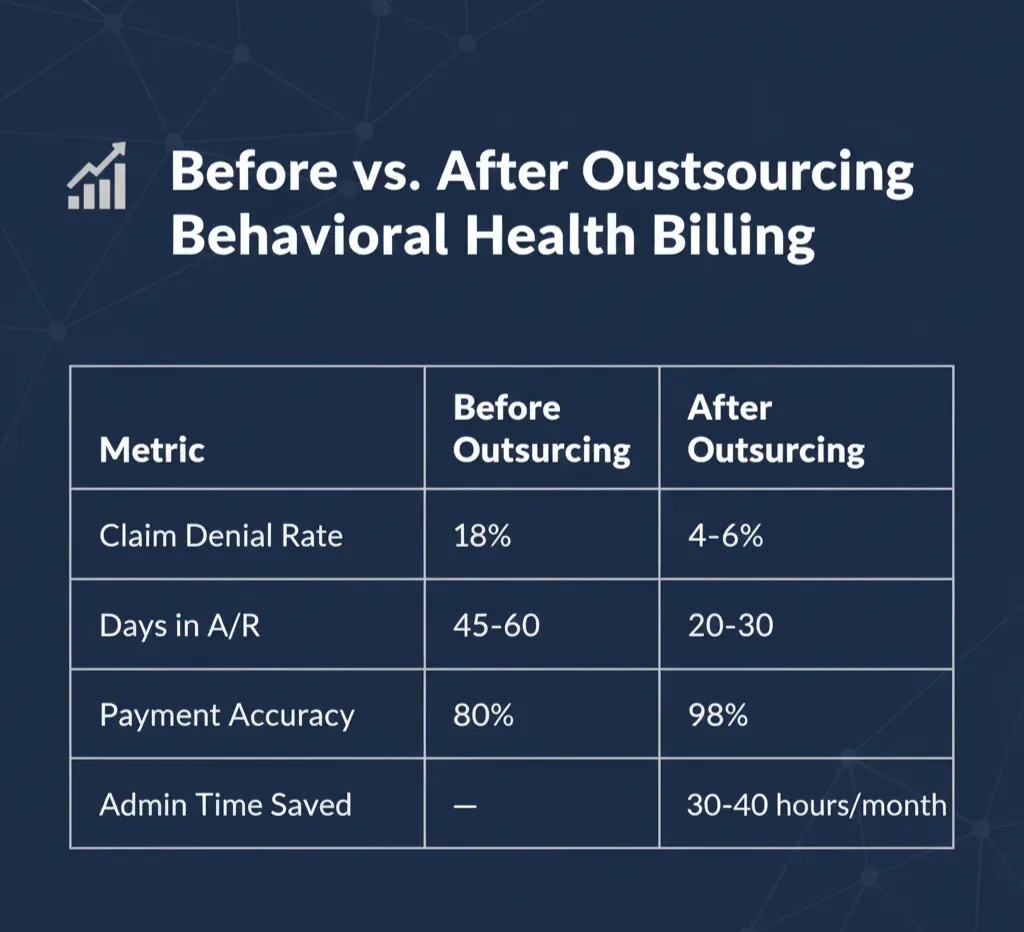 Comparison table showing the significant improvements in behavioral health medical billing after outsourcing, including a drastic reduction in the claim denial rate from 18% to 4-6%, a decrease in days in accounts receivable (A/R) from 45-60 days down to 20-30 days, a major increase in payment accuracy from 80% to 98%, and a saving of 30-40 administrative hours per month for the mental health practice.