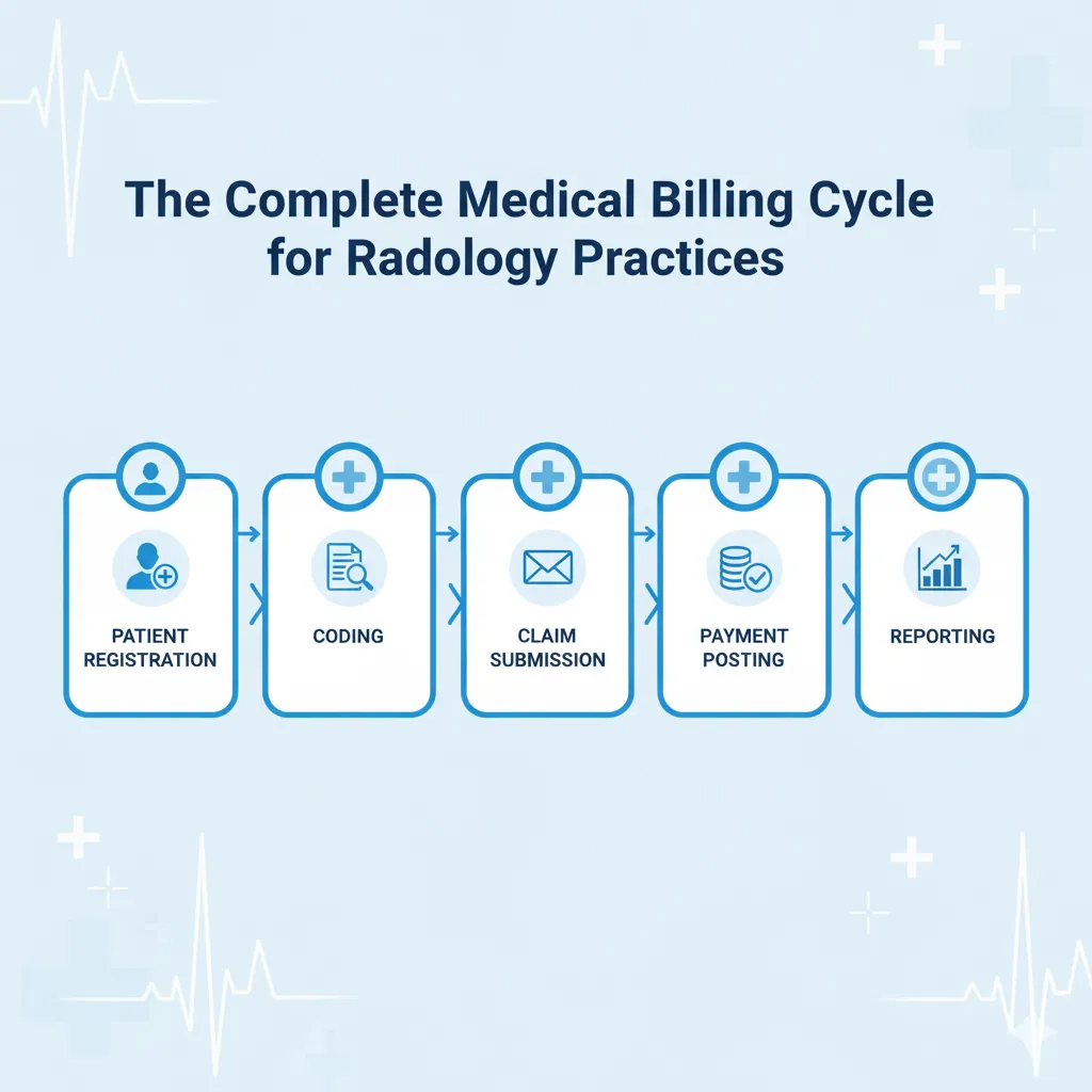 Our radiology practice streamlines the complete medical billing cycle to maximize revenue, starting with efficient patient registration, followed by accurate ICD-10 and CPT coding for diagnostic imaging, ensuring clean claim submission to insurance payers for faster reimbursement, leading to precise payment posting, and culminating in detailed financial reporting for your lab's fiscal health—optimize your radiology lab billing process with our expert services today.