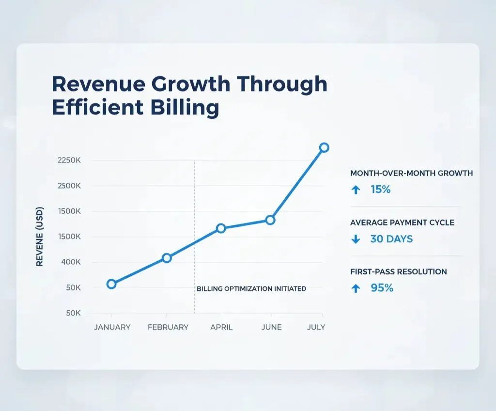 This chart demonstrates how our medical billing services drive significant revenue growth for healthcare practices, showing a dramatic increase in collections to over $2.5 million after initiating billing optimization, achieving a 95% first-pass claim resolution rate, a 15% month-over-month growth, and reducing the average payment cycle to just 30 days—partner with us to accelerate your practice's revenue.