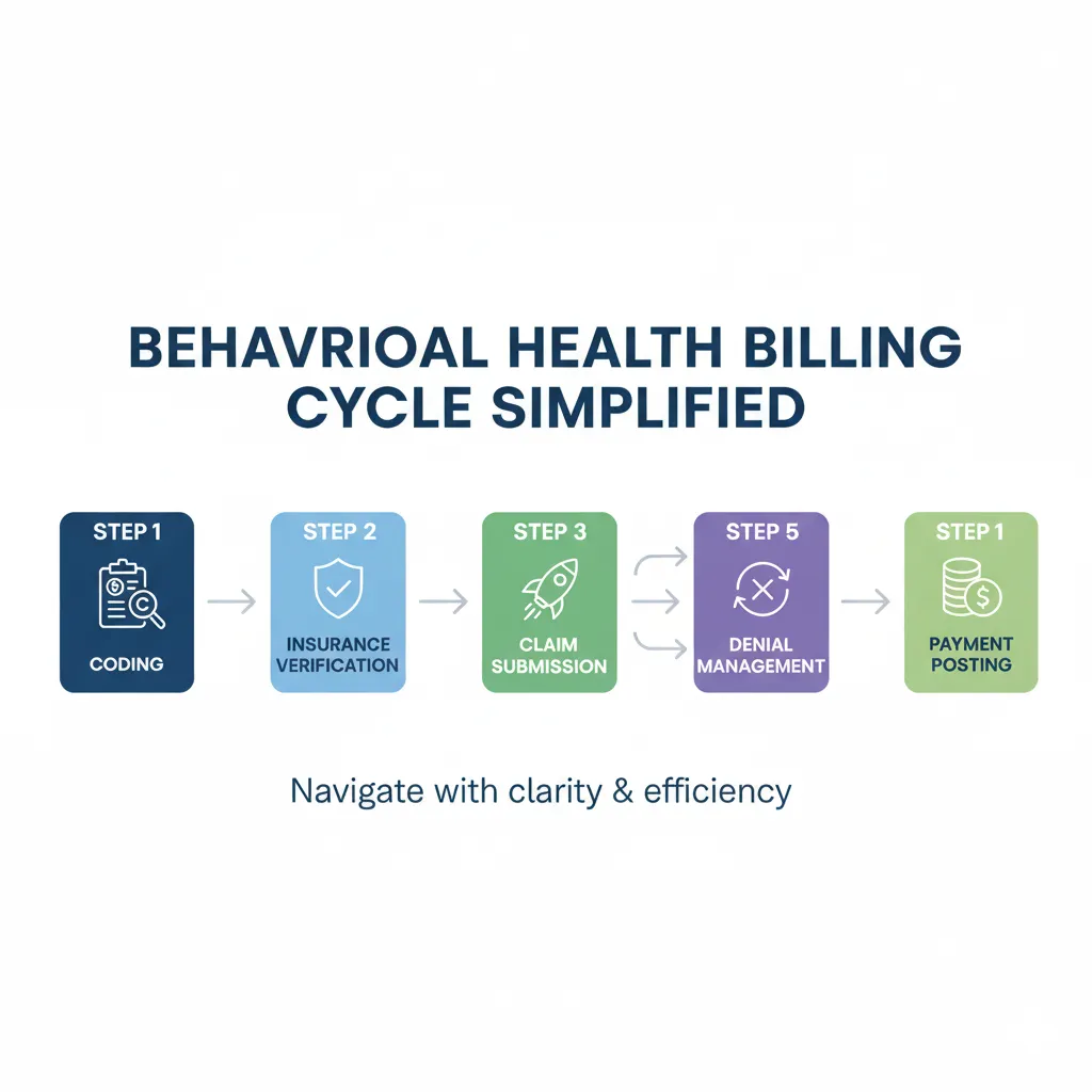 An infographic titled "Behavioral Health Billing Cycle Simplified" outlining the five key steps for efficient mental health practice revenue cycle management: starting with medical coding and insurance verification, followed by claim submission, payment posting, and finally denial management to ensure clarity and financial stability.