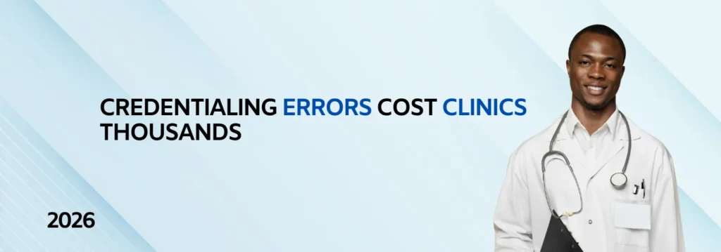 This banner illustrates the financial impact of healthcare credentialing errors, showing a professional handling provider enrollment paperwork. It addresses common payer enrollment mistakes—such as incomplete applications, expired documents, and missing signatures—that lead to delayed insurance payments and reduced clinic revenue. Learn how to avoid credentialing delays, streamline the provider onboarding process, ensure compliance with payer requirements, and improve practice revenue cycle management. Optimize your medical billing process by preventing enrollment oversights that hold up reimbursements for weeks.