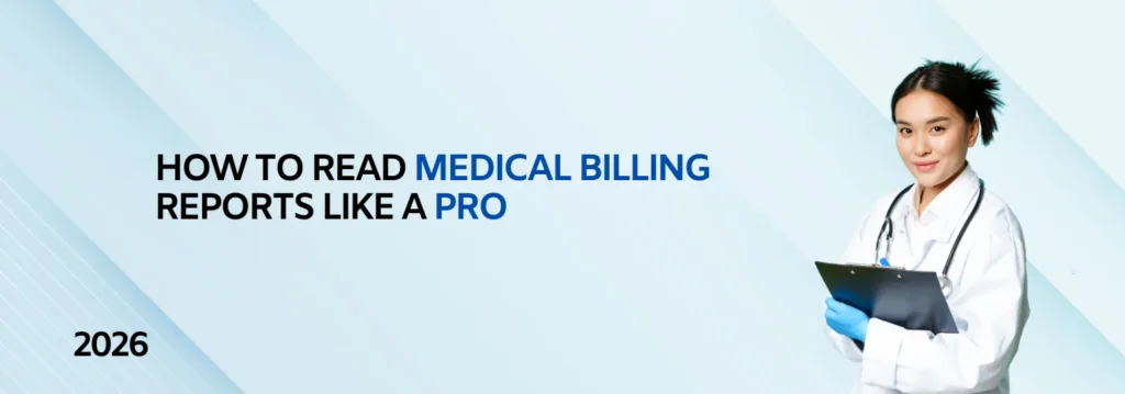 An illustrated guide titled 'How to Read Medical Billing Reports Like a Pro' with a 2026 badge, showing steps and key terms for understanding medical bills, insurance codes, and healthcare statements.