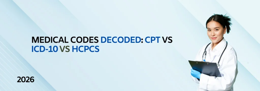 "Healthcare professional reviewing medical coding systems - CPT vs ICD-10 vs HCPCS comparison guide for 2026 medical billing and coding"